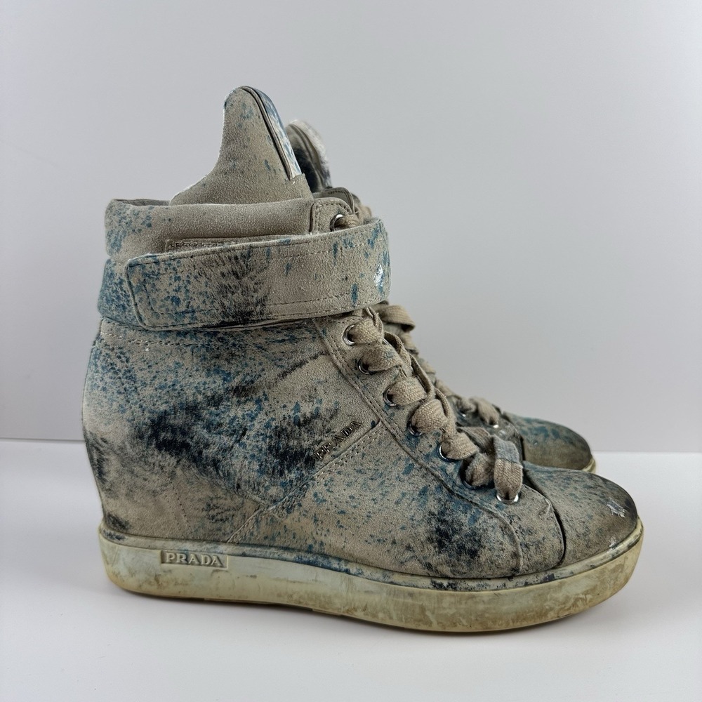 Prada Paint Splatter Artsy Wedge Sneakers Shoes Leather High Top EU 37.5 US 7 - Picture 4 of 7